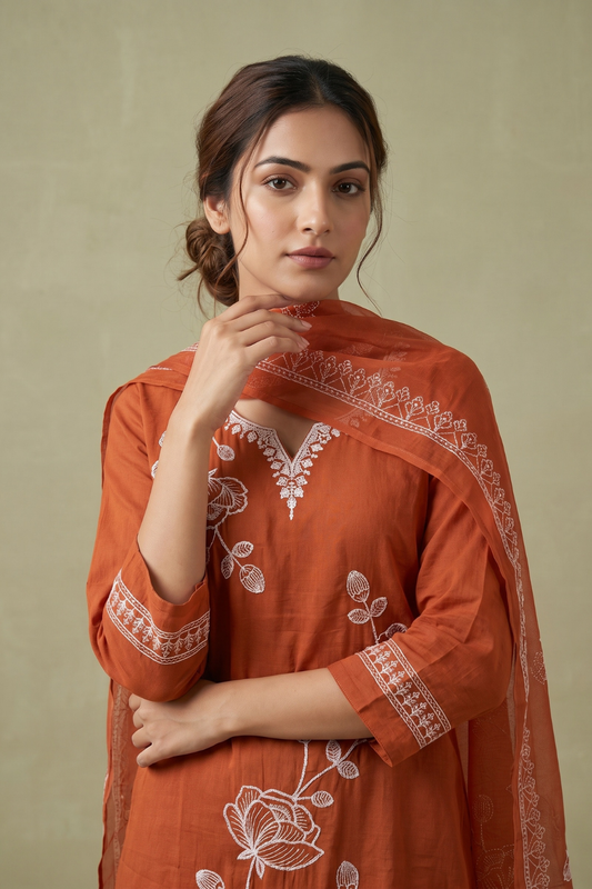 Rust Cotton Readymade Suit And Plazzo with Cotton Dupatta