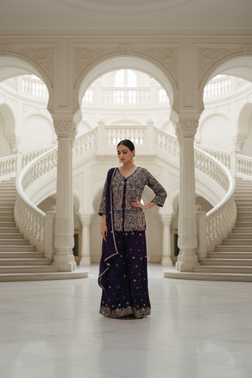 Purple Chinon Readymade Sharara Set With Chinon Dupatta