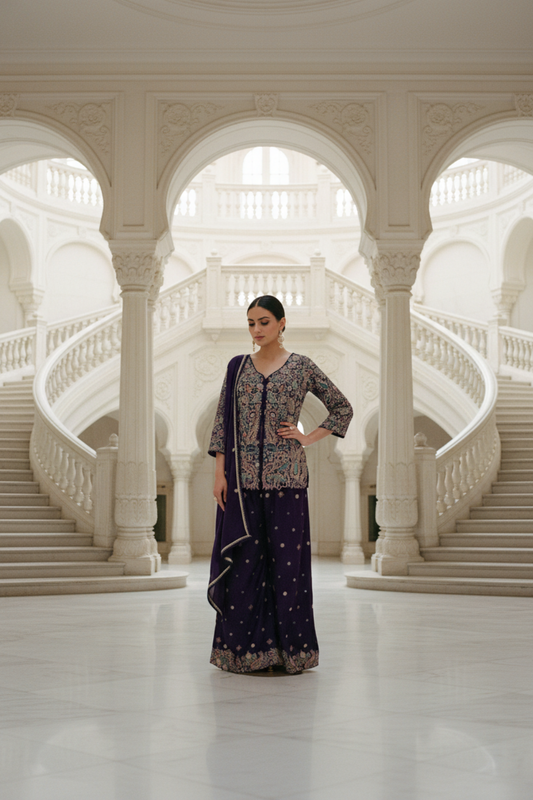 Purple Chinon Readymade Sharara Set With Chinon Dupatta
