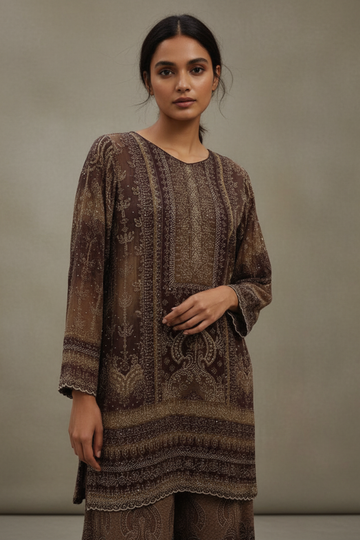 Brown Crepe Readymade Sharara Set With Crepe Dupatta