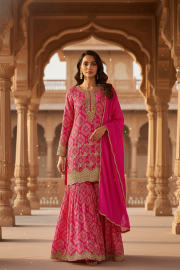 Soft As A Sunrise Coral Crepe Readymade Sharara Set With Chinon Dupatta