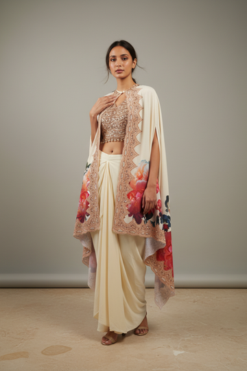 Off White Crepe Readymade Suit With Dhoti Skirt & Shrug