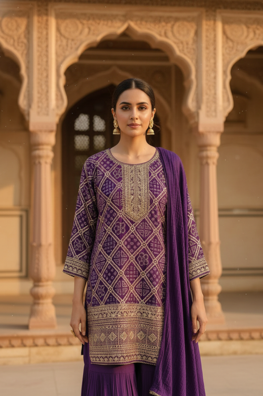 Draped in Royalty Purple Crepe Readymade Suit And Plazzo With Chinon Dupatta