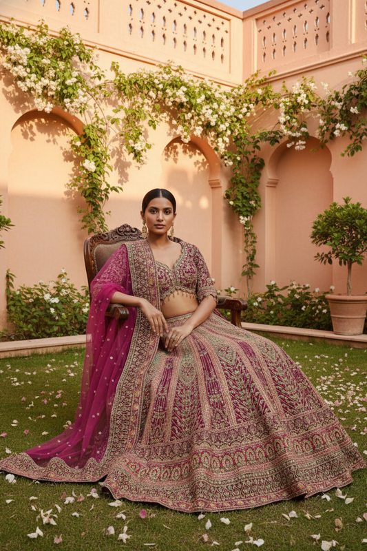 Rani Crepe Lehenga Set And Net Dupatta With Readymade Blouse