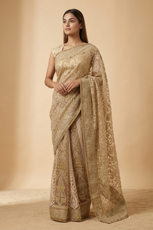 Tussar Gajari Net Embroidered Saree With Unstitched Blouse