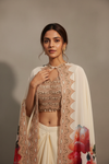Off White Crepe Readymade Suit With Dhoti Skirt & Shrug
