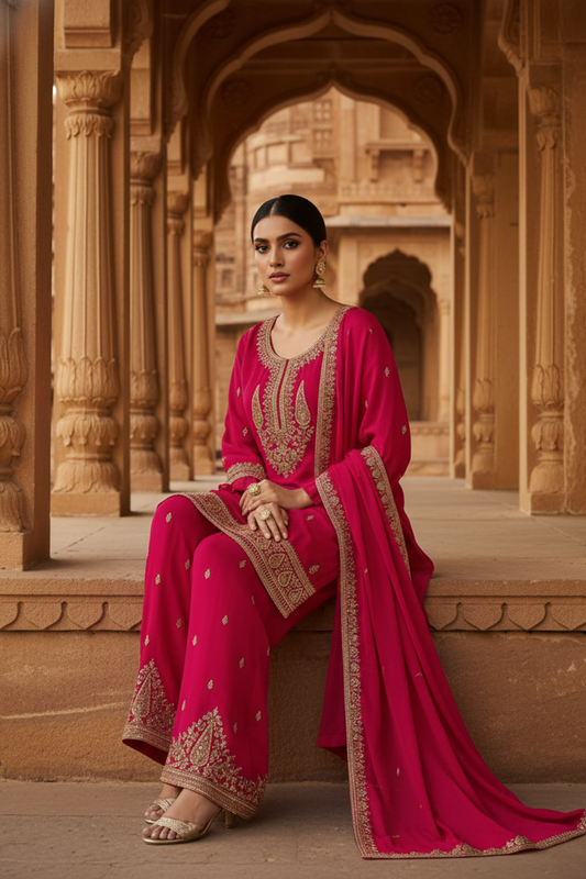 Timeless Elegance Rani Crepe Readymade Sharara Set With Chinon Dupatta