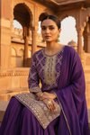 Draped in Royalty Purple Crepe Readymade Suit And Plazzo With Chinon Dupatta