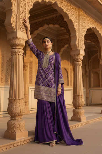 Draped in Royalty Purple Crepe Readymade Suit And Plazzo With Chinon Dupatta