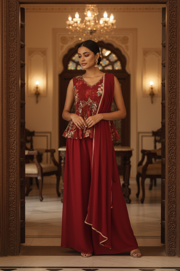 Maroon Georgette Readymade Sharara Set With Georgette Dupatta