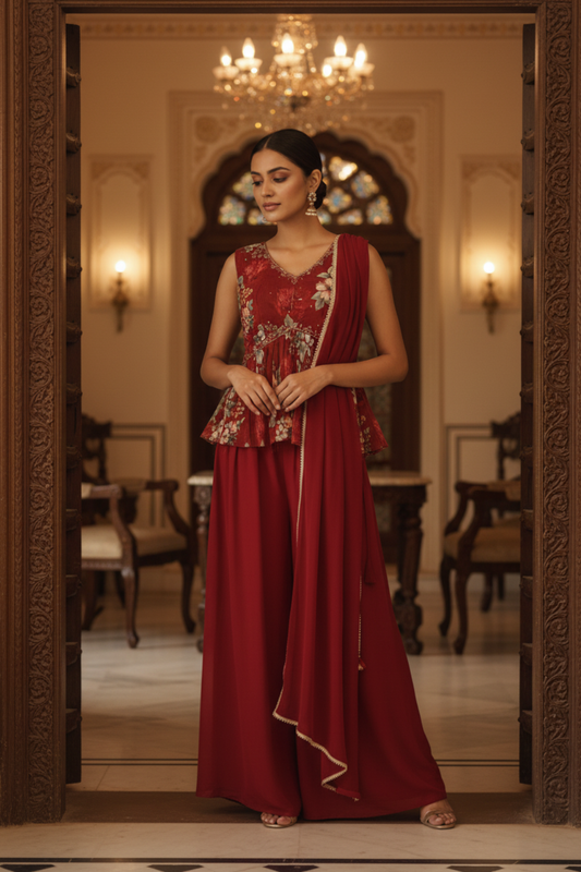 Maroon Georgette Readymade Sharara Set With Georgette Dupatta