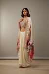 Off White Crepe Readymade Suit With Dhoti Skirt & Shrug