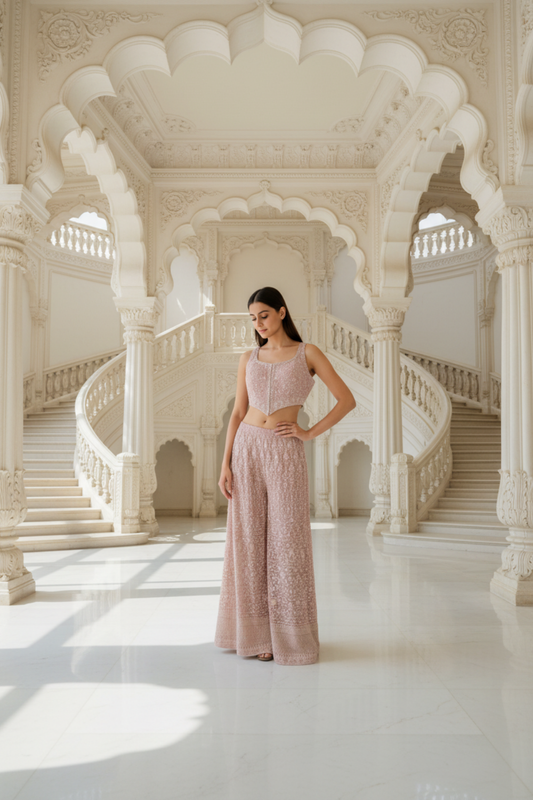 Pink Georgette Readymade Short Top Sharara Set With Georgette Dupatta