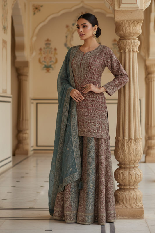 Gajari Georgette Readymade Sharara Set With georgette Dupatta