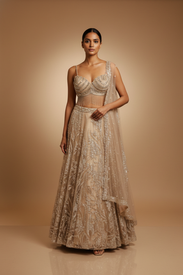 Tussar Net Lehenga Set And Net Dupatta With Readymade Blouse