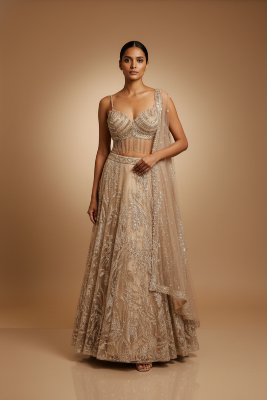 Tussar Net Lehenga Set And Net Dupatta With Readymade Blouse