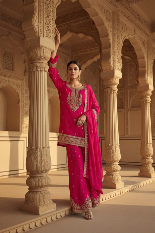 Grace Redefined Red Cotton Readymade Sharara Set With Chinon Dupatta
