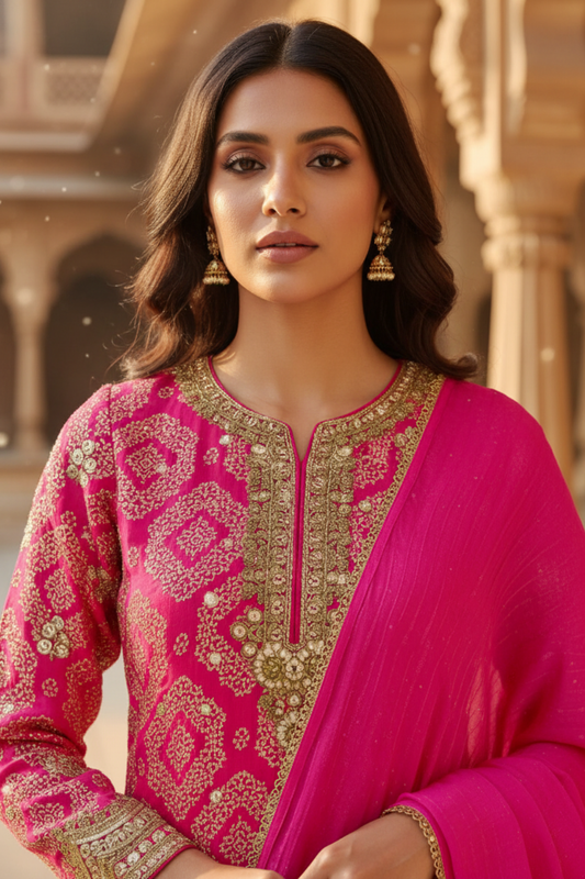 Soft As A Sunrise Coral Crepe Readymade Sharara Set With Chinon Dupatta