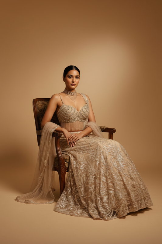 Tussar Net Lehenga Set And Net Dupatta With Readymade Blouse