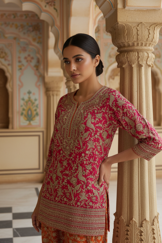 Rani Orange Georgette Readymade Suit & Palazzo Pant With georgette Dupatta