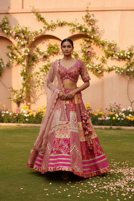 Rani Cotton Silk Lehenga Set And Net Dupatta With Readymade Blouse