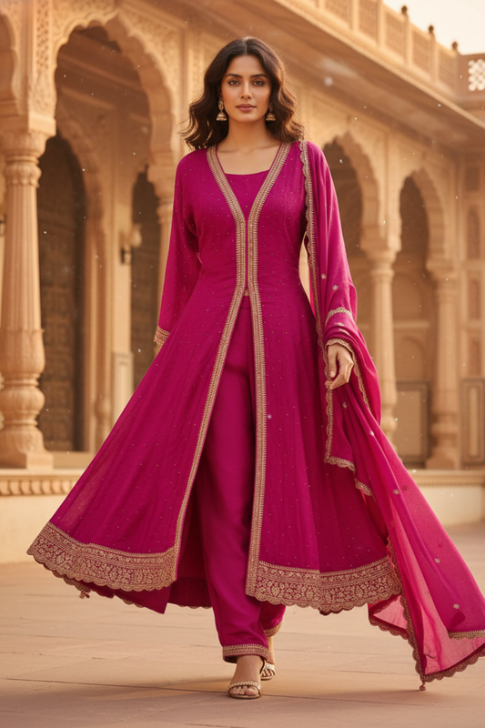 Timeless Elegance Rani Chinon Readymade Suit And Plazzo With Chinon Dupatta
