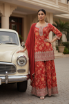 Rust Chinon Readymade Sharara Set With Chinon Dupatta