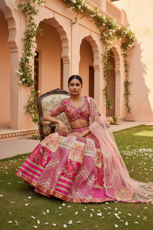 Rani Cotton Silk Lehenga Set And Net Dupatta With Readymade Blouse