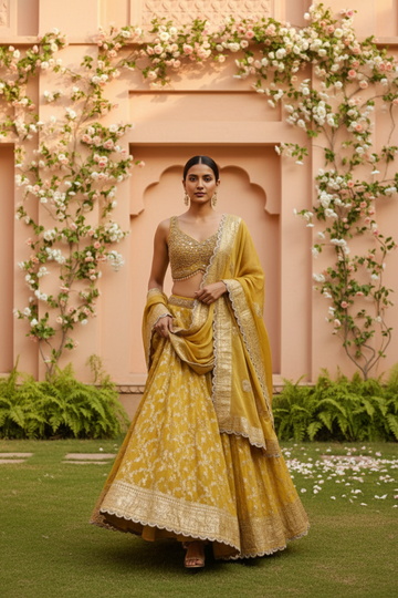 Mustard Georgette Lehenga Set And Net Dupatta With Readymade Blouse