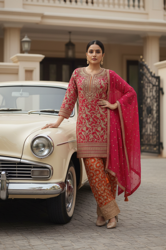 Rani Orange Georgette Readymade Suit & Palazzo Pant With georgette Dupatta