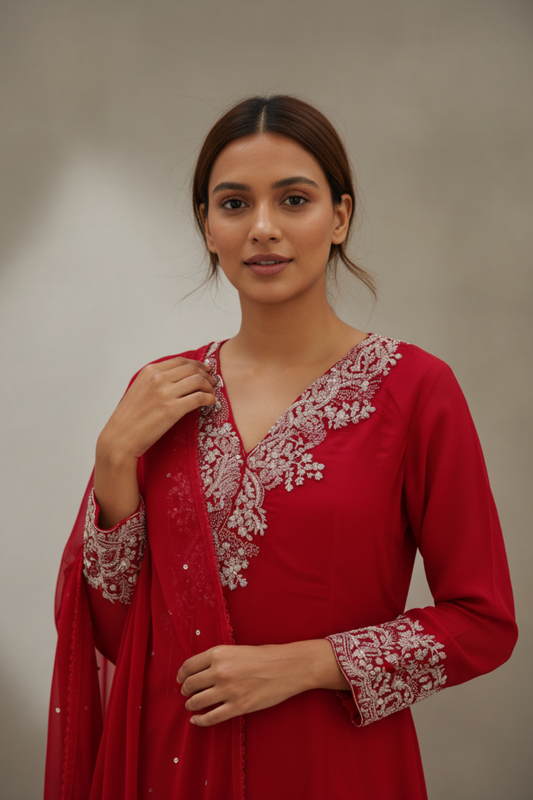 Maroon Georgette Floor Length Readymade Suit With Georgette Dupatta