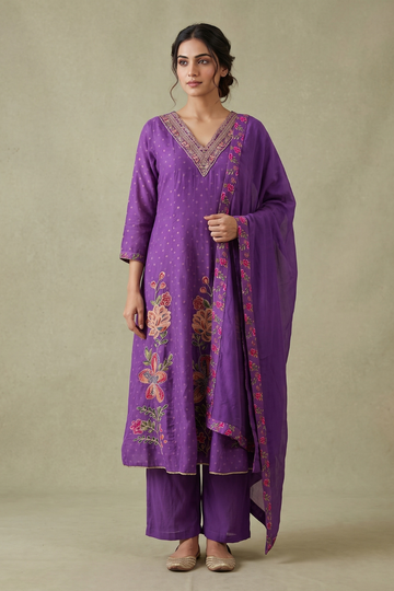 Purple Crepe Readymade Suit And Plazzo with Cotton Dupatta