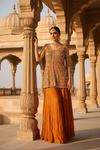 Nature’s Own Couture Rust Crepe Readymade Sharara Set With Crepe Dupatta