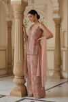 Peach Crepe Readymade Sharara Set With Net Dupatta