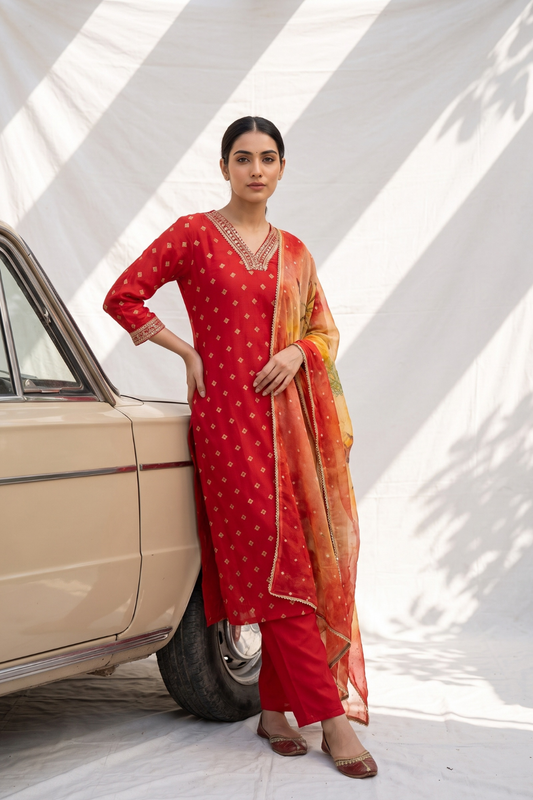 Rust Cotton Readymade Suit And Plazzo with Cotton Dupatta