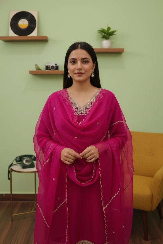 Rani Dola Readymade Sharara Set With Organza Dupatta