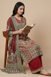 Maroon Crepe Readymade Suit And Plazzo With Chinon Dupatta