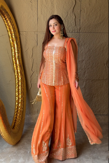 Orange Foil Chiffon Short Top Sharara Set With Net Dupatta (Ft:-Ankita Raghav Arora)