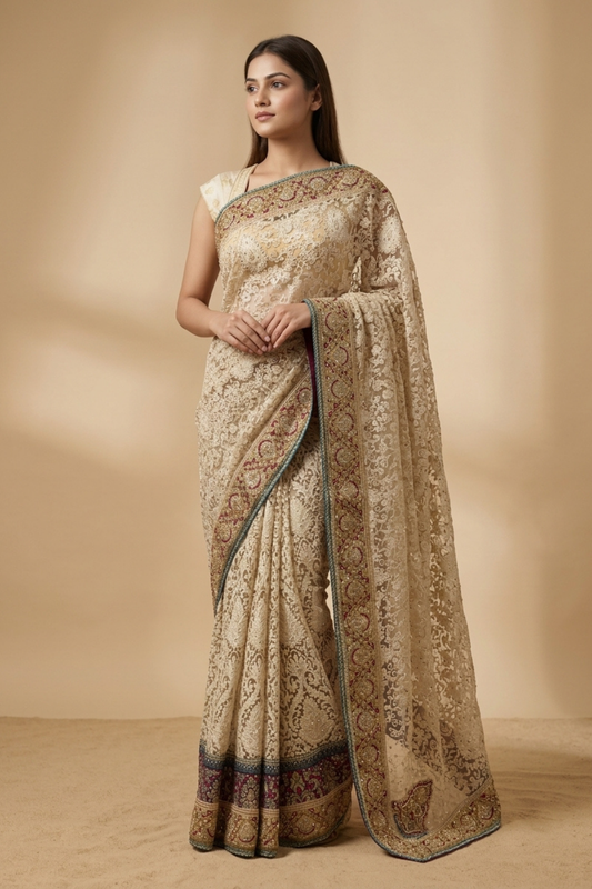 Off White Net Embroidered Saree With Unstitched Blouse