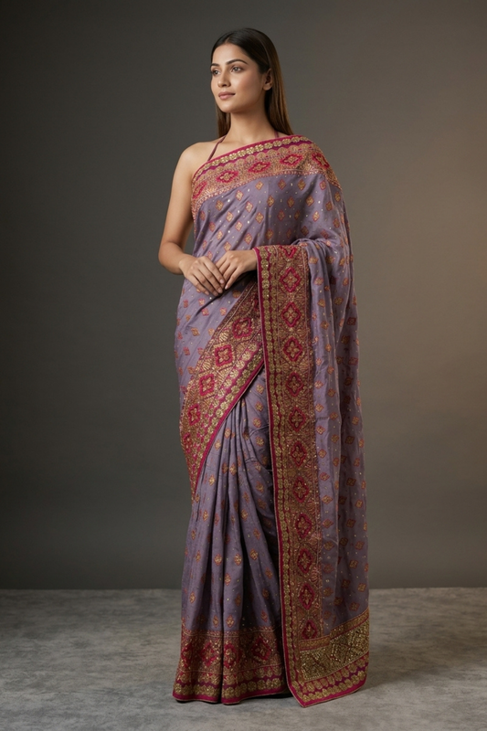 Grey Mauve Crepe Embroidered Saree With Unstitched Blouse
