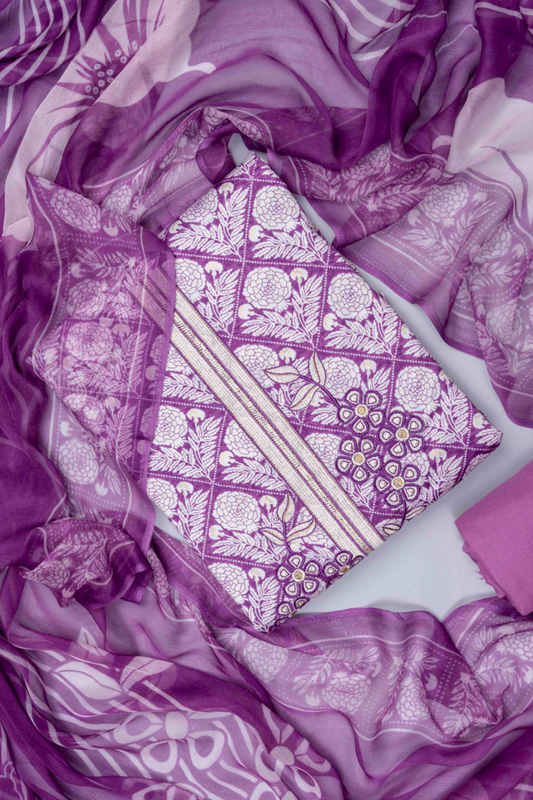 Purple Cotton Unstitched Salwar Suit With Cotton Dupatta