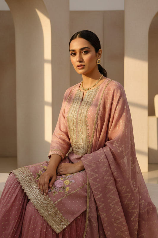 Glow Different In Gajari Tissue Readymade Sharara Set With Chinon Dupatta