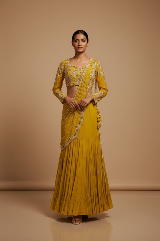 Mustard Chinon Lehenga Set And Net Dupatta With Readymade Blouse