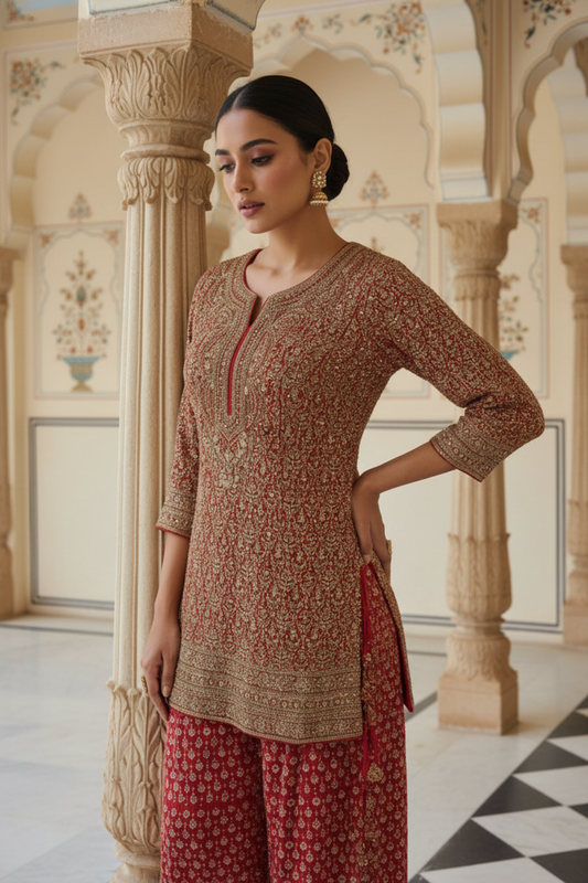 Rust Georgette Readymade Suit & Palazzo Pant With georgette Dupatta