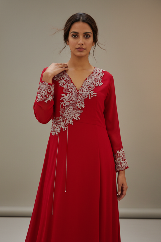 Maroon Georgette Floor Length Readymade Suit With Georgette Dupatta