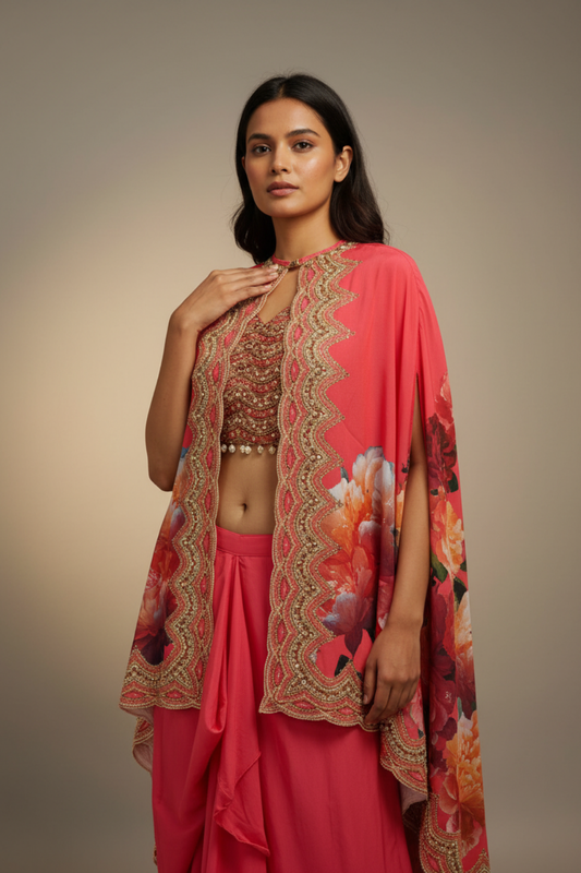 Peach Crepe Readymade Suit With Dhoti Skirt & Shrug
