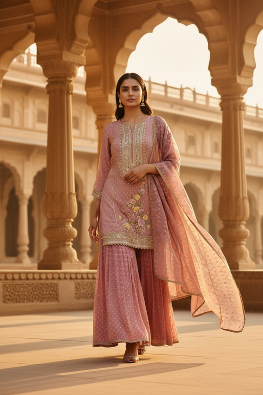 Glow Different In Gajari Tissue Readymade Sharara Set With Chinon Dupatta