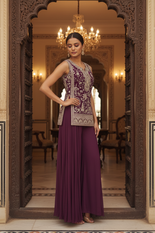 Garnet Georgette Readymade Sharara Set With Gworgette dupatta