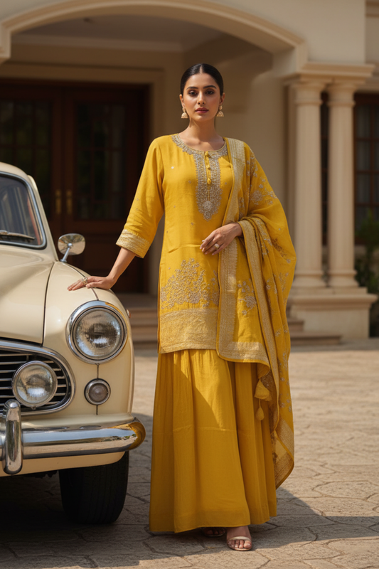 Mustard Organza Readymade Sharara Set With Organza Dupatta