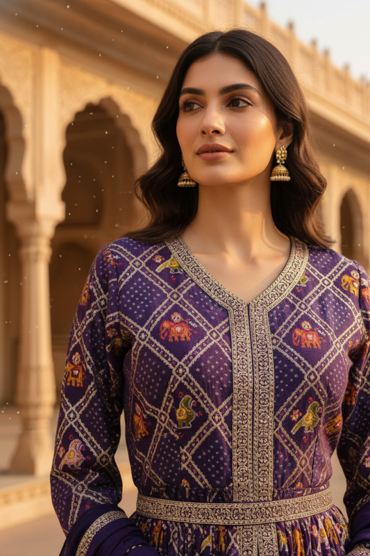 Draped in Royalty Purple Tissue Readymade Suit Set And Pant With Chinon Dupatta